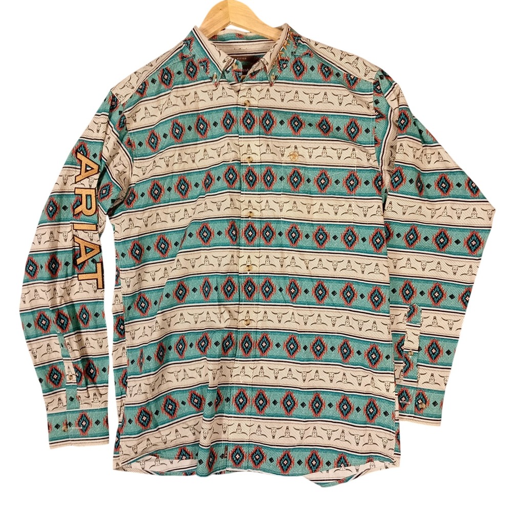 Ariat Mens Fitted Western Shirt Large Long Sleeve Teal Southwestern Steer Skull